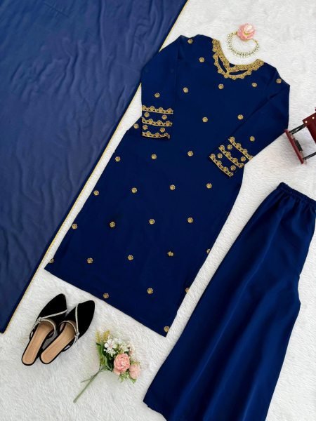 Royal Blue Faux Georgette Embroidery Palazzo Suit with Long Sleeve Top and Matching Dupatta Ready to Wear  Ready To Wear Collection