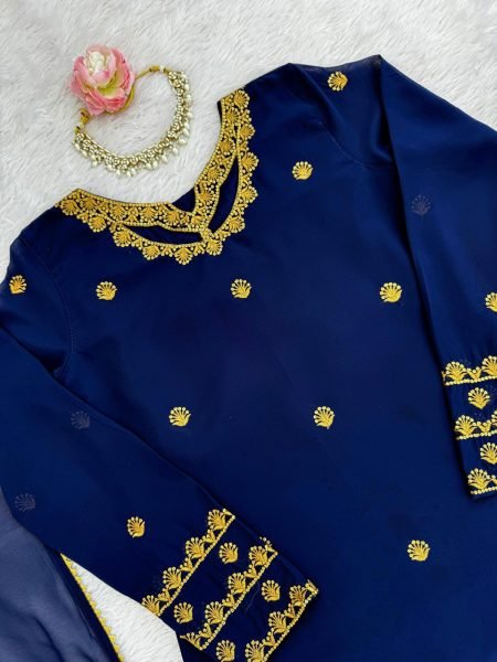 Royal Blue Faux Georgette Embroidery Palazzo Suit with Long Sleeve Top and Matching Dupatta Ready to Wear  Ready To Wear Collection