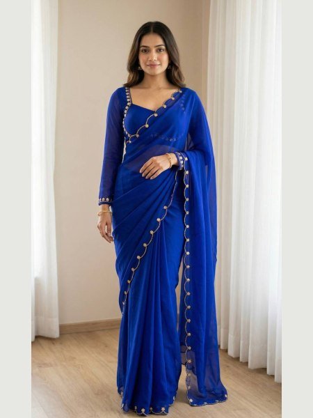 Royal Blue Faux Georgette Handwork Flower Saree With Matching Designer Blouse Sarees 