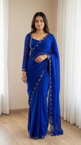 Royal Blue Faux Georgette Handwork Flower Saree With Matching Designer Blouse Designer Wedding Sarees Wholesale