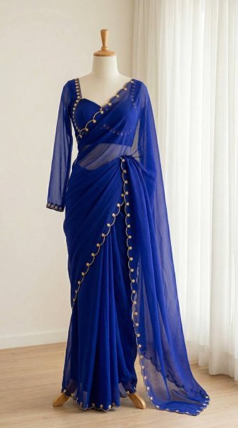 Royal Blue Faux Georgette Handwork Flower Saree With Matching Designer Blouse Designer Wedding Sarees Wholesale