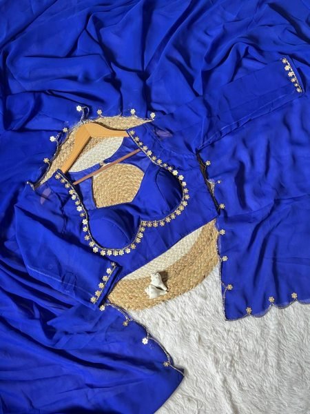 Royal Blue Faux Georgette Handwork Flower Saree With Matching Designer Blouse Designer Wedding Sarees Wholesale