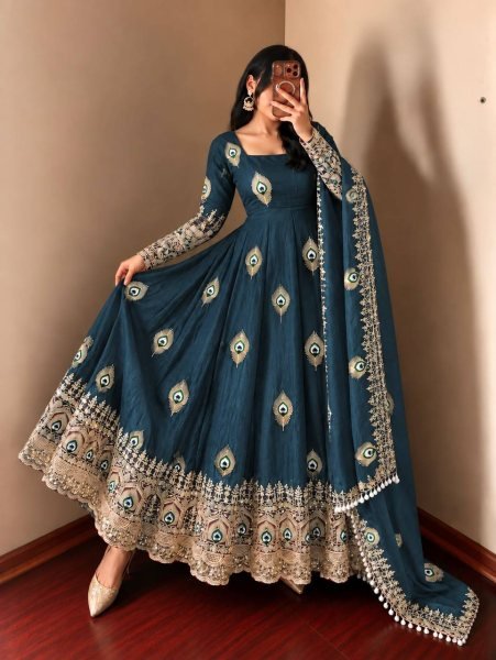Royal Blue Fendy Silk Anarkali Gown with Full Sleeves and Micro Cotton Pant For Wedding Ready To Wear Collection