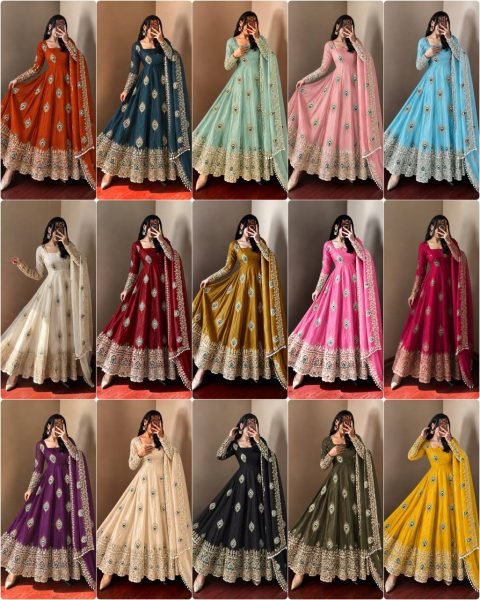 Royal Blue Fendy Silk Anarkali Gown with Full Sleeves and Micro Cotton Pant For Wedding Ready To Wear Collection