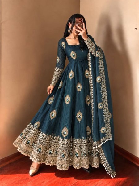 Royal Blue Fendy Silk Anarkali Gown with Full Sleeves and Micro Cotton Pant For Wedding Ready To Wear Collection