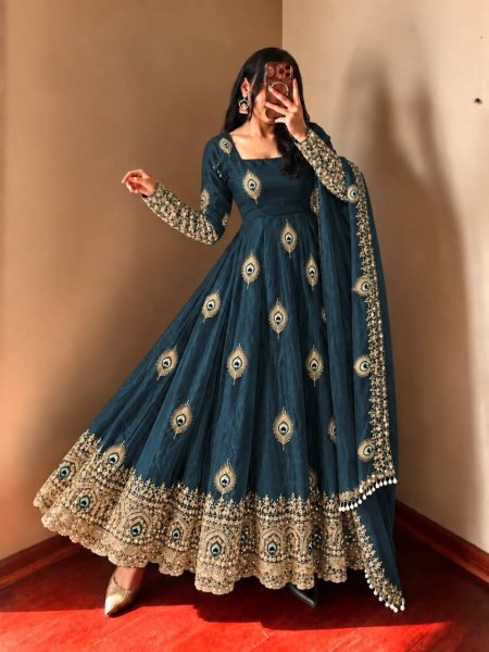 Royal Blue Fendy Silk Anarkali Gown with Full Sleeves and Micro Cotton Pant For Wedding Ready To Wear Collection