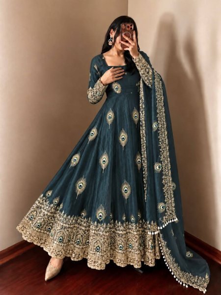 Royal Blue Fendy Silk Anarkali Gown with Full Sleeves and Micro Cotton Pant For Wedding Ready To Wear Collection