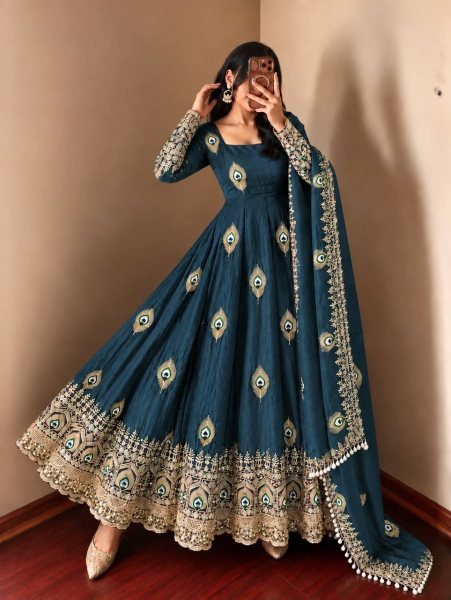 Royal Blue Fendy Silk Anarkali Gown with Full Sleeves and Micro Cotton Pant For Wedding Ready To Wear Collection