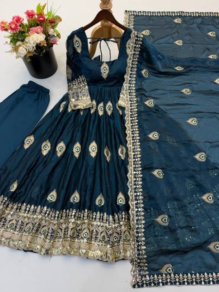 Royal Blue Fendy Silk Anarkali Gown with Full Sleeves and Micro Cotton Pant For Wedding Ready To Wear Collection