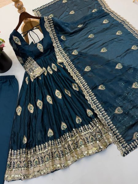 Royal Blue Fendy Silk Anarkali Gown with Full Sleeves and Micro Cotton Pant For Wedding Ready To Wear Collection