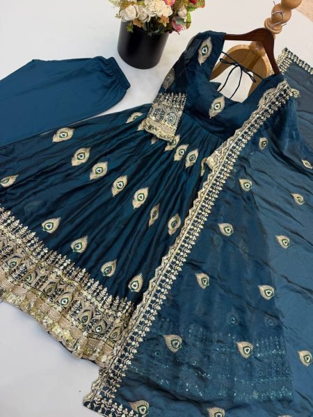 Royal Blue Fendy Silk Anarkali Gown with Full Sleeves and Micro Cotton Pant For Wedding Ready To Wear Collection