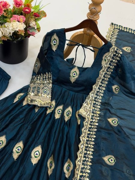 Royal Blue Fendy Silk Anarkali Gown with Full Sleeves and Micro Cotton Pant For Wedding Ready To Wear Collection