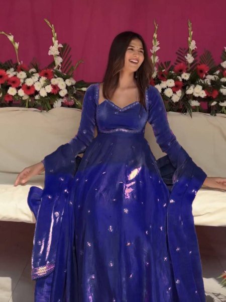 Royal Blue Fendy Silk Thread with Sequnce Anarkali with Matching Pant and Dupatta  for Exporters   Georgette Kurti 