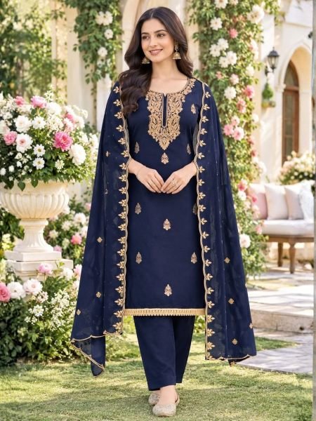 Royal Blue Festive Wear Georgette Multi Work Suit Set for Women 