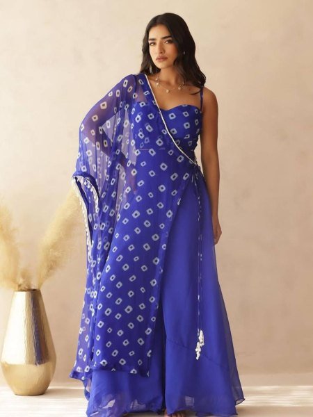 Royal Blue Fox Georgette Palazzo Set with Dupatta and Bustier Designer Party Wear Kurtis
