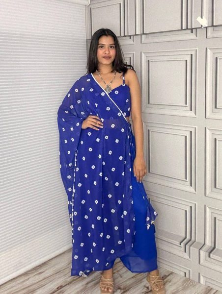 Royal Blue Fox Georgette Palazzo Set with Dupatta and Bustier Designer Party Wear Georgette Kurti 