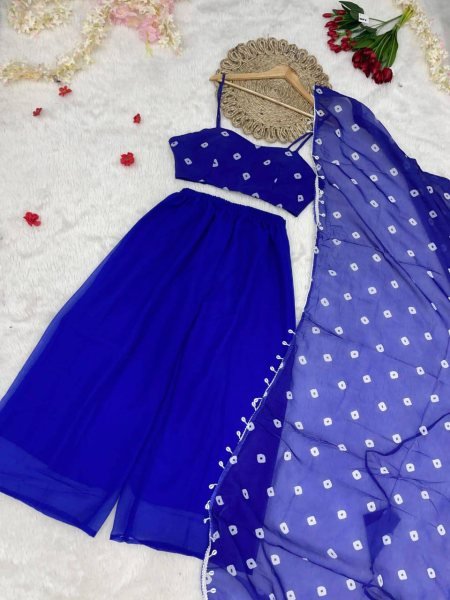 Royal Blue Fox Georgette Palazzo Set with Dupatta and Bustier Designer Party Wear Georgette Kurti 