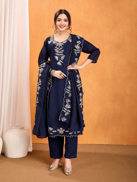 Royal Blue Fully Stitch Silk Embroidered Suit with Dupatta Set with Fine Embroidery for & Reception Wear Embroidery Kurtis 