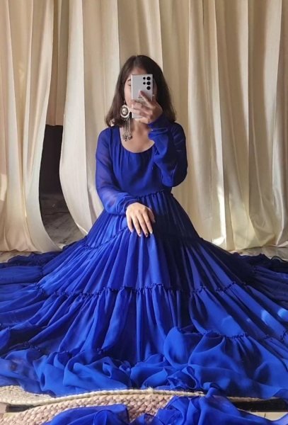 Royal Blue Georgette Round Nack Gown With Dupatta Kurti With Dupatta Wholesale