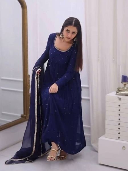 Royal Blue Heavy Faux Georgette Anarkali Suit with 8-Meter Flair And Diamond Lace Dupatta Kurtis