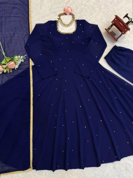 Royal Blue Heavy Faux Georgette Anarkali Suit with 8-Meter Flair And Diamond Lace Dupatta Anarkali Kurtis 