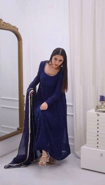 Royal Blue Heavy Faux Georgette Anarkali Suit with 8-Meter Flair And Diamond Lace Dupatta Anarkali Kurtis 