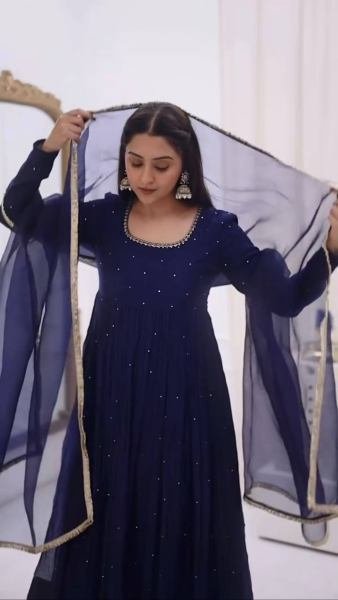 Royal Blue Heavy Faux Georgette Anarkali Suit with 8-Meter Flair And Diamond Lace Dupatta Anarkali Kurtis 