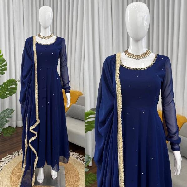 Royal Blue Heavy Faux Georgette Anarkali Suit with 8-Meter Flair And Diamond Lace Dupatta Anarkali Kurtis 