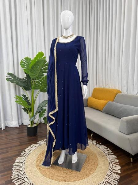 Royal Blue Heavy Faux Georgette Anarkali Suit with 8-Meter Flair And Diamond Lace Dupatta Anarkali Kurtis 