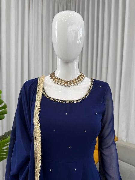 Royal Blue Heavy Faux Georgette Anarkali Suit with 8-Meter Flair And Diamond Lace Dupatta Anarkali Kurtis 