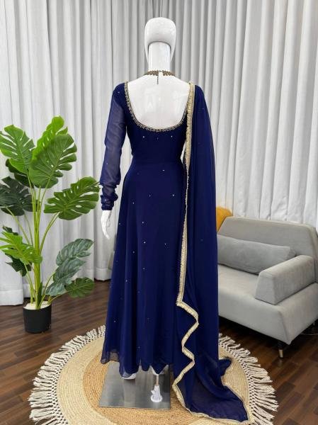 Royal Blue Heavy Faux Georgette Anarkali Suit with 8-Meter Flair And Diamond Lace Dupatta Anarkali Kurtis 