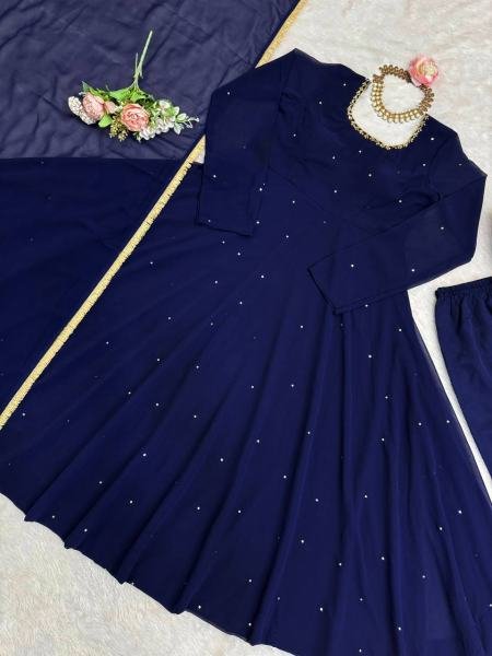 Royal Blue Heavy Faux Georgette Anarkali Suit with 8-Meter Flair And Diamond Lace Dupatta Anarkali Kurtis 