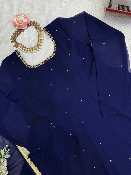 Royal Blue Heavy Faux Georgette Anarkali Suit with 8-Meter Flair And Diamond Lace Dupatta Anarkali Kurtis 