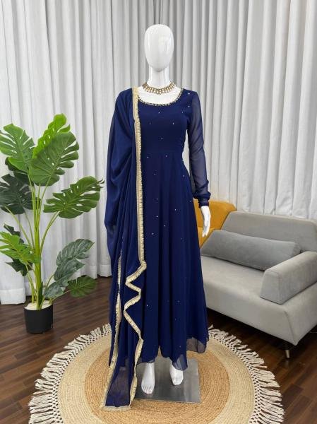 Royal Blue Heavy Faux Georgette Anarkali Suit with 8-Meter Flair And Diamond Lace Dupatta Anarkali Kurtis 