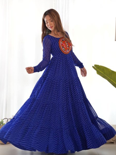 Royal Blue Laheriya Anarkali Gown with Gamthi Work Navratri Special Look 