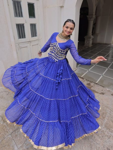 Royal Blue Leheriya Lehenga Choli Set with Mirror Work Blouse Trendy Look  Lehenga