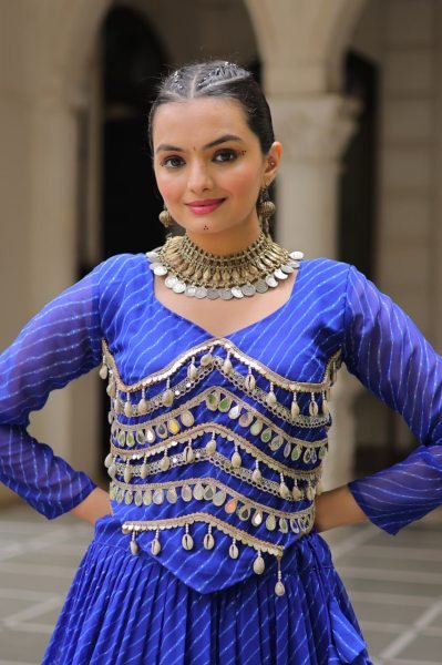 Royal Blue Leheriya Lehenga Choli Set with Mirror Work Blouse Trendy Look Navratri Lehnega Choli