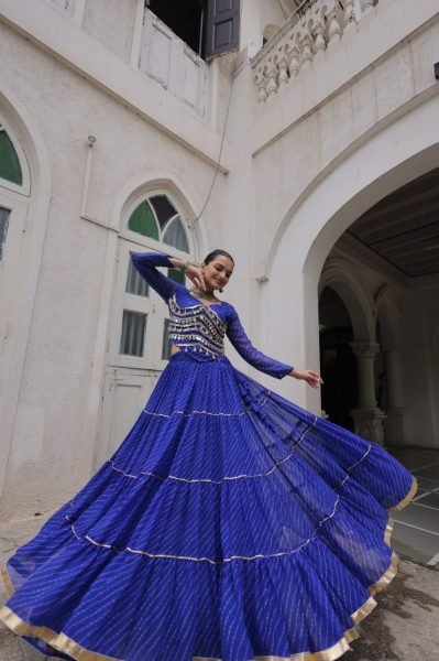 Royal Blue Leheriya Lehenga Choli Set with Mirror Work Blouse Trendy Look Navratri Lehnega Choli