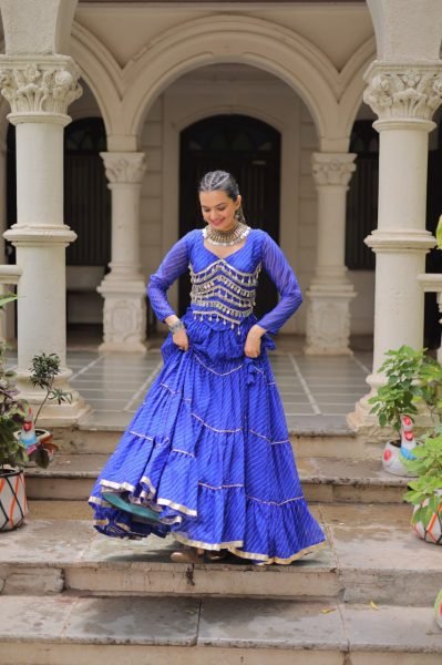 Royal Blue Leheriya Lehenga Choli Set with Mirror Work Blouse Trendy Look Navratri Lehnega Choli