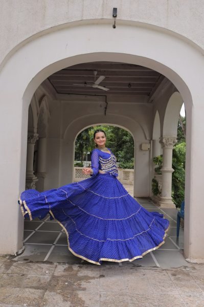 Royal Blue Leheriya Lehenga Choli Set with Mirror Work Blouse Trendy Look Navratri Lehnega Choli