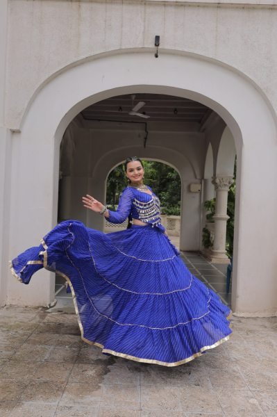 Royal Blue Leheriya Lehenga Choli Set with Mirror Work Blouse Trendy Look Navratri Lehnega Choli