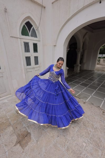Royal Blue Leheriya Lehenga Choli Set with Mirror Work Blouse Trendy Look Navratri Lehnega Choli