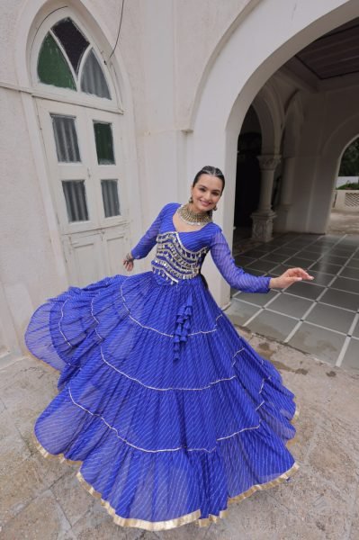 Royal Blue Leheriya Lehenga Choli Set with Mirror Work Blouse Trendy Look Navratri Lehnega Choli