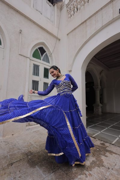 Royal Blue Leheriya Lehenga Choli Set with Mirror Work Blouse Trendy Look Navratri Lehnega Choli
