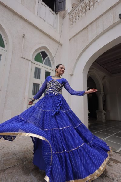 Royal Blue Leheriya Lehenga Choli Set with Mirror Work Blouse Trendy Look Navratri Lehnega Choli