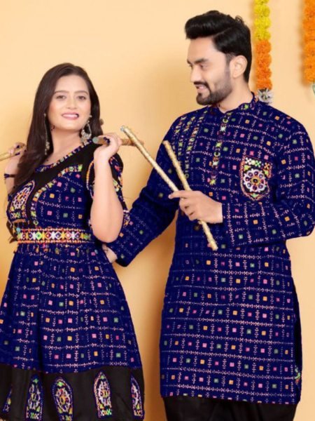 Royal Blue Mirror Work Couple Dress Traditional Gujarati Outfit for Garba Nights Mens Wear