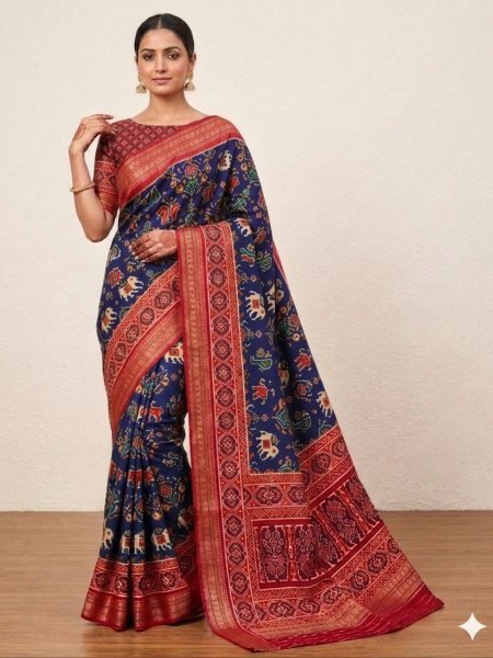 Royal Blue Patola Saree on Silk With Elephant Motif for Wedding Wear Patola Silk Sarees Wholesale