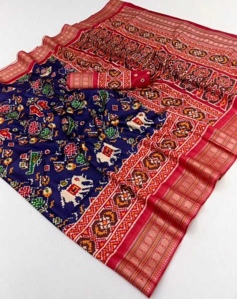 Royal Blue Patola Saree on Silk With Elephant Motif for Wedding Wear Patola Silk Sarees Wholesale