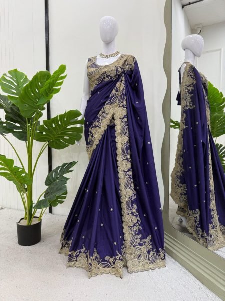 Grand Wedding Look Royal Blue Rangoli Silk Saree with Heavy Sequin   Cording Work Georgette Sarees Wholesale