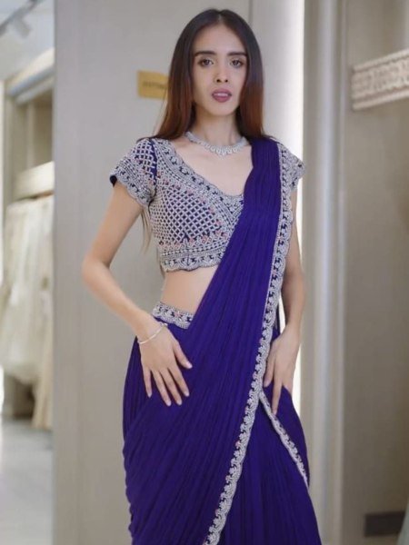 Royal Blue Ready to Wear Chinon Lehenga Saree Export Quality at Wholesale Collection Sarees 